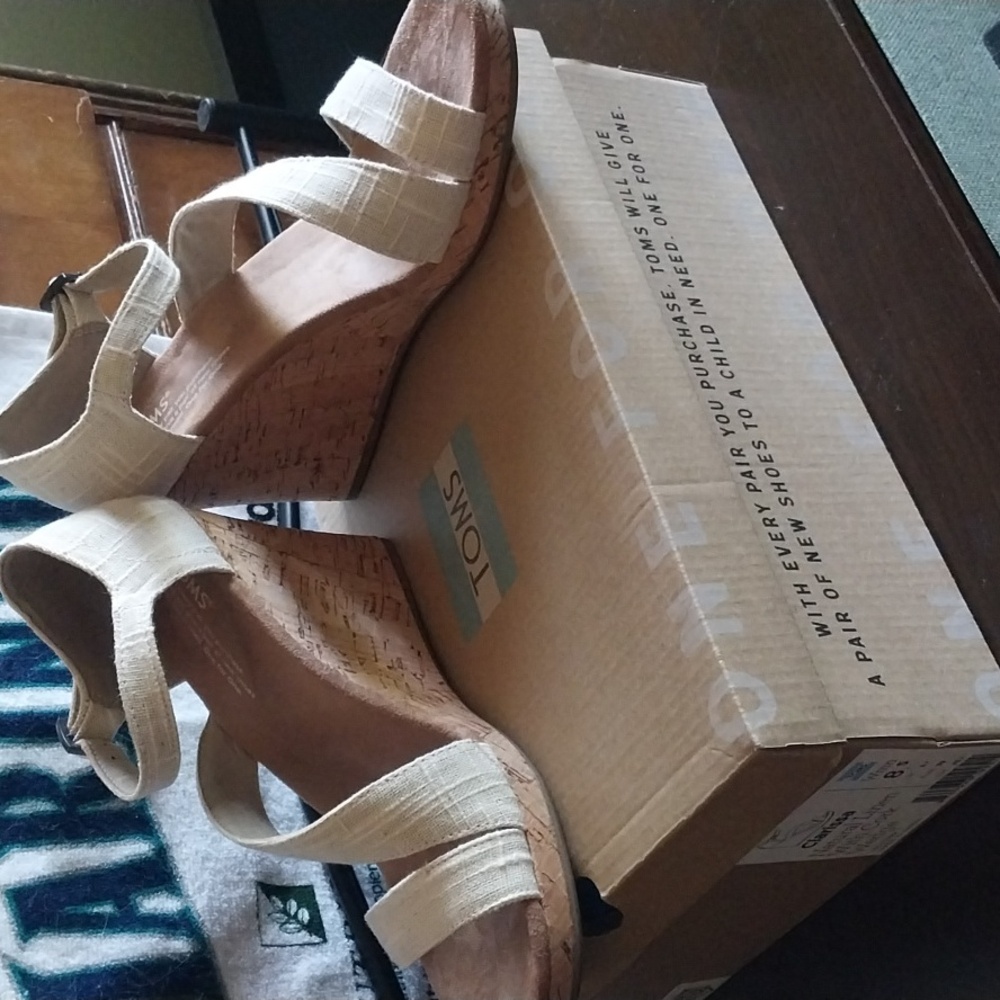 Toms Beige Linen Cork Wedges - Clarissa Size 8.5 - Picture 5 of 8